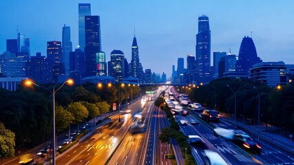 Poster - A city street with a highway in the background. The highway is busy with cars and trucks. The sky is a mix of blue and orange. timelapse