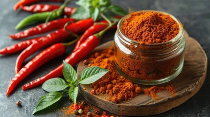   A wooden board holds a jar of red chili powder and red peppers near green foliage