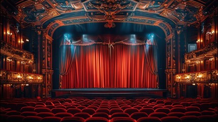 Aufkleber - A grand theatre auditorium interior, featuring rows of plush red velvet seats, ornate wooden panels, and a majestic stage with curtains open wide, set against a warm golden. Generative AI.