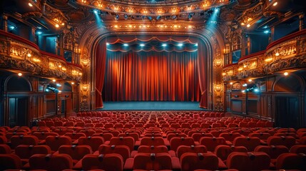 Aufkleber - A grand theatre auditorium interior, featuring rows of plush red velvet seats, ornate wooden panels, and a majestic stage with curtains open wide, set against a warm golden. Generative AI.