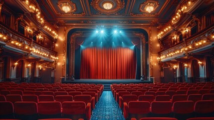 Aufkleber - A grand theatre auditorium interior, featuring rows of plush red velvet seats, ornate wooden panels, and a majestic stage with curtains open wide, set against a warm golden. Generative AI.