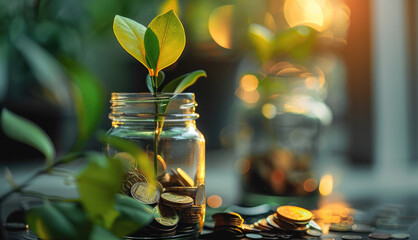 Poster - Plants and coins in a glass jar, Valuable investment opportunities discussed in a financial advisory session. Generative AI.