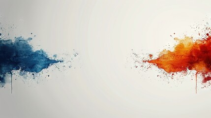 Wall Mural -   Orange and blue paint splashes on white background, red and blue paint on left side