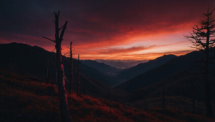 Wall Mural - Dark mountain silhouettes with crimson sunset hues - high contrast