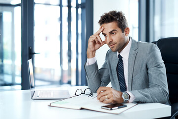 Canvas Print - Accounting, audit and bookkeeper thinking, man at desk in office and review of business expenses. Bookkeeping, finance and notebook with accountant with ideas in the workplace for company taxes