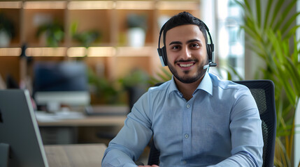 Canvas Print - Portrait of a smiling Muslim man businessman, marketer, salesman sitting in the office at the table in a headset and smiling confidently at the camera