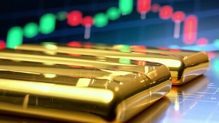 Poster - A stack of gold bars with a green and red background. The bars are shiny and reflect the light