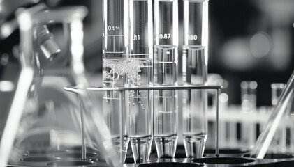 Poster - Black and white close-up of laboratory glassware with measuring scales, beakers, test tubes, and a gradient background. Generative AI.