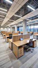 Empty bank office with desks in raw