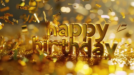 gold happy birthday text on festive golden background with flying golden confetti, celebratory, party video card, birthday greetings, events poster, birthday celebration.