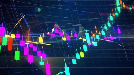 Poster - A colorful graph of stock prices is shown with a variety of different colored lines. Concept of excitement and anticipation, as investors watch the stock market rise and fall