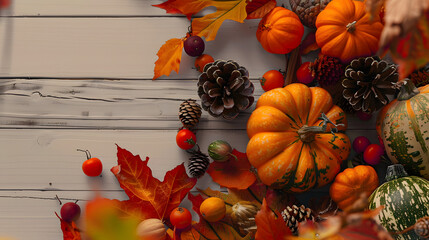 Canvas Print - Harvest Background including Pumpkins, Pine cones, Autumn leaves and Fruits.