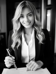 A smiling professional businesswoman in a suit and tie, seated at an office desk signing a contract with a pen and paper.