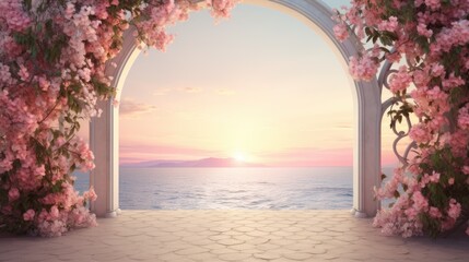 Sticker - white arch wall with sunset and sea view