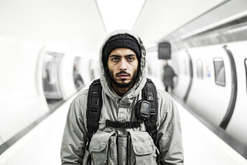 Man in hooded jacket looking at camera in a tunnel