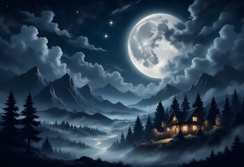 A mystical landscape with a full moon in the night sky, surrounded by swirling clouds and mountains in the background. In the foreground, there are silhouettes of trees and houses against the starry s