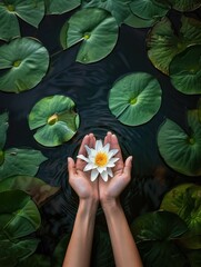 Wall Mural - Hand gently holding a water lily, symbolizing the delicate interaction with nature.