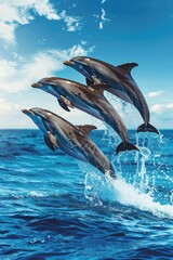 Four dolphins leaping out of water during the daytime.