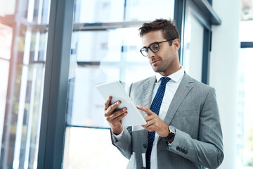 Poster - Smile, businessman and online with tablet in office for networking, risk assessment and audit preparation. Male compliance officer, technology and internet for policy update, documentation and review
