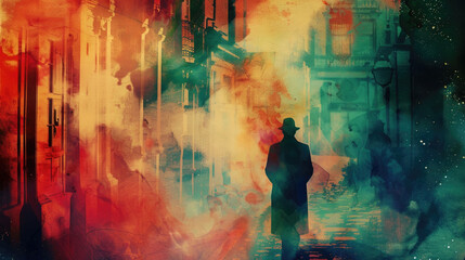 Wall Mural - A solitary figure in a coat and hat walks through a city street at dusk, surrounded by vibrant colors