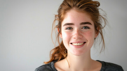 Wall Mural - A young woman with red hair smiles brightly at the camera