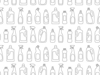 Doodle outline cleaning products seamless pattern. Various detergent bottles. Cleaning service, home washing background. Chemical product for clean