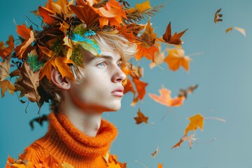 Wall Mural - Man Wearing Fall Leaf Crown