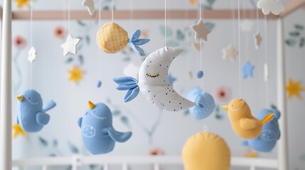 Wall Mural - Baby mobile with blue handstitched animal and bird toys with yellow moon on white wall background spinning on the babys crib in the room