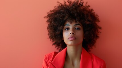 A stylish woman with curly hair dons a red jacket and poses against a peach-colored background, showcasing her confidence, elegance, and captivating presence in a modern fashion portrait.