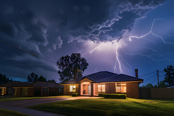 Wall Mural - Electric storm casting vivid bolts above a home in the suburbs