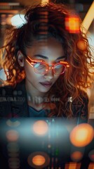 Female computer programmer writing code / futuristic hologram / augmented reality concept