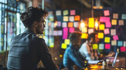 A young professional wearing glasses is looking out the window of an office. He is wearing a casual shirt and has his hair styled in a modern way.