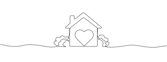 Poster - Heart inside a house drawn with one continuous line. The concept of love in a family. Minimalist linear vector editable illustration