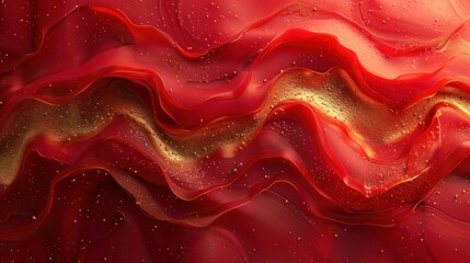 Wall Mural - Luxurious pop art background in vibrant red with smooth, flowing curves and elegant golden lines