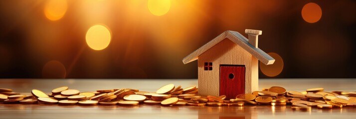 Modern small house model and money coins obn blurred background. Saving money for buying a house. Investment mortgage finance. Advertising concepts of real estate and sales. Banner with copy space