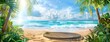 © Watermill Studio - Beach podium summer background sand product 3D sea display platform. Beach podium summer banner stand scene sale sky holiday vacation stage water island sun travel pedestal promotion presentation ad