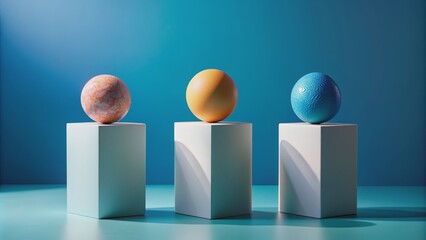 Poster - Three Spheres on Pedestals, 3D Rendered, Blue Background, Minimalist Composition, Sphere, Minimalism, 3D Rendering