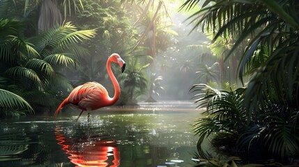 Wall Mural - Graceful flamingo wading through the water