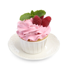 Wall Mural - Tasty cupcake with raspberries and mint isolated on white