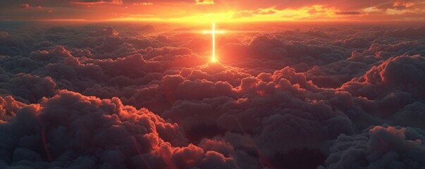 Poster - Sunset glow in the clouds with a shining cross, religious concept