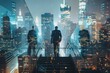 © Nia™ - Businessman climbed the stairs, double exposure with New York office buildings at night. Concept of business achievement, goal and leadership - generative ai