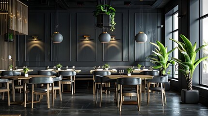 Wall Mural - Modern interior of restaurant with dark gray walls