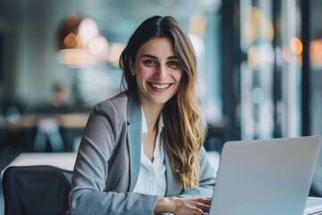 Poster - Young happy successful business woman working with laptop in corporate office - generative ai