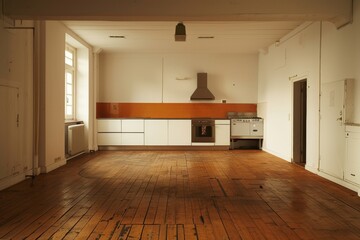 interior of an old house with wooden floor and white kitchen interior