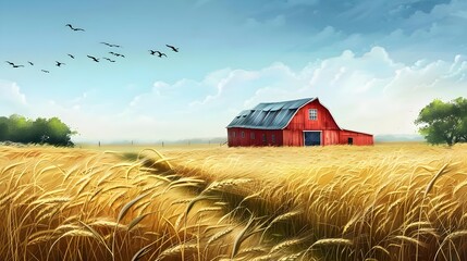 Wall Mural - Beautiful landscape scene of a farm with red barn