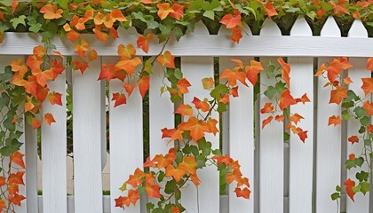 Wall Mural - white wooden fence overgrown with weaving autumn orange ivy leaves