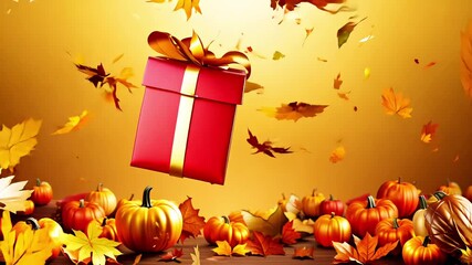 Poster - Festive red gift box with golden ribbon surrounded by falling autumn leaves and pumpkins, creating a warm seasonal atmosphere