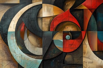 Poster - Closeup of a vibrant, textured geometric mural with circular and angular shapes