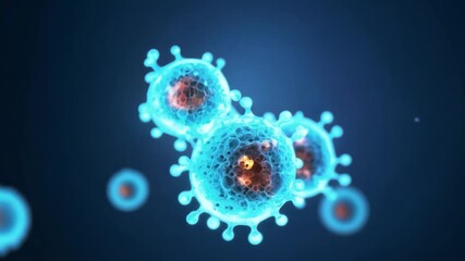 Fototapete - Two digitally rendered coronavirus particles float against a dark blue background. The particles have a blue, transparent exterior and a dark interior.