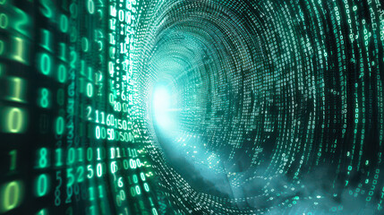 Poster - futuristic digital binary stream in abstract tunnel representing data transfer and technological con